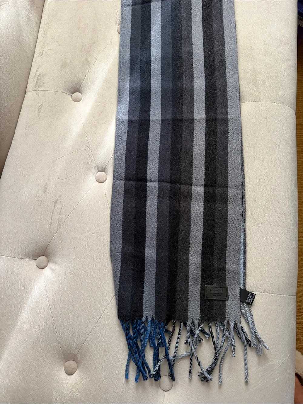 Coach wool silk cashmere Striped Scarf in Blue, Gray & Black